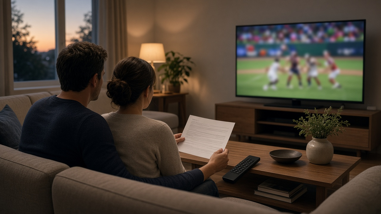 Couple on a living room sofa reviewing a monthly TV bill while a blurred sports game plays on a flat-screen TV