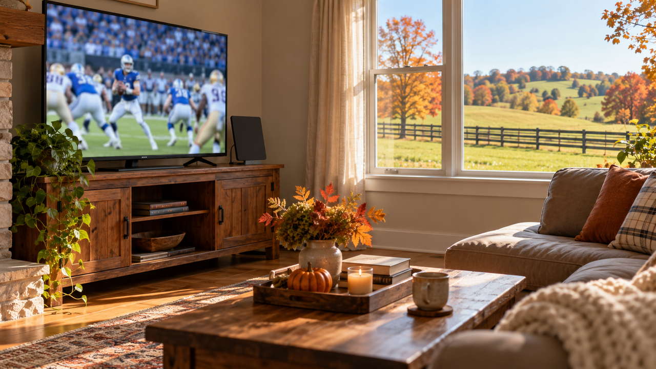 Kentucky-style living room on a fall Saturday with a TV showing a blurred football game and an indoor antenna on the console