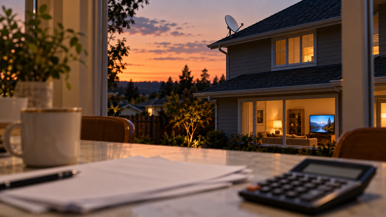 Satellite dish on a suburban house roof at dusk with a TV glowing through the living room window, no logos or readable text