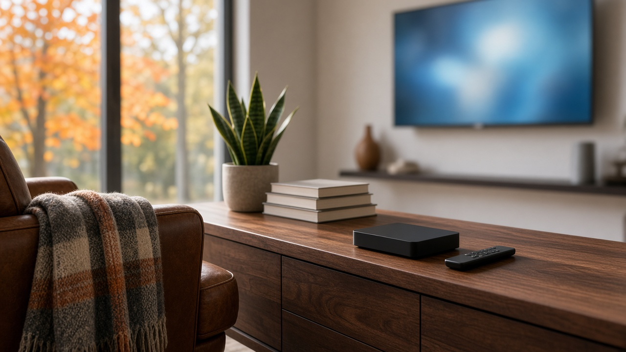 Living room at night with a large TV glowing over a wood console, a remote on the coffee table and warm lamplight, no logos or text