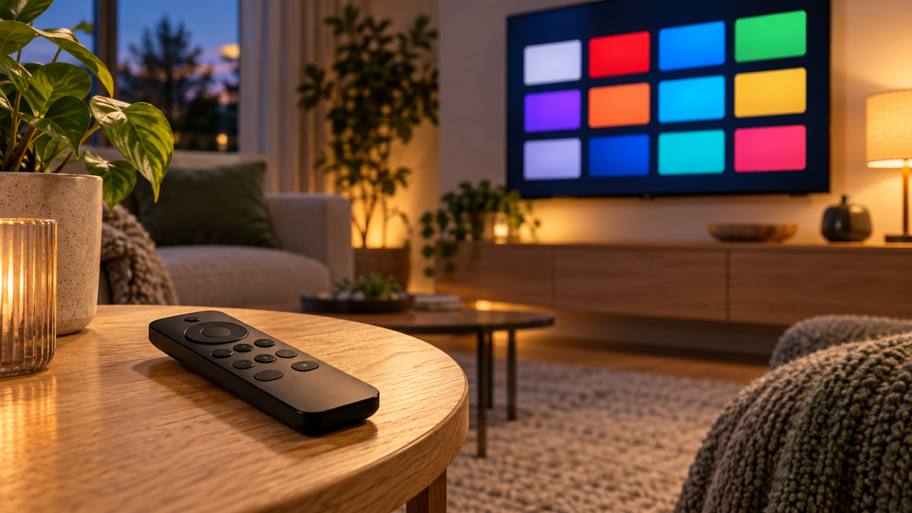 A black streaming remote resting on an oak side table beside a television with colorful blank app tiles in a warmly lit living room