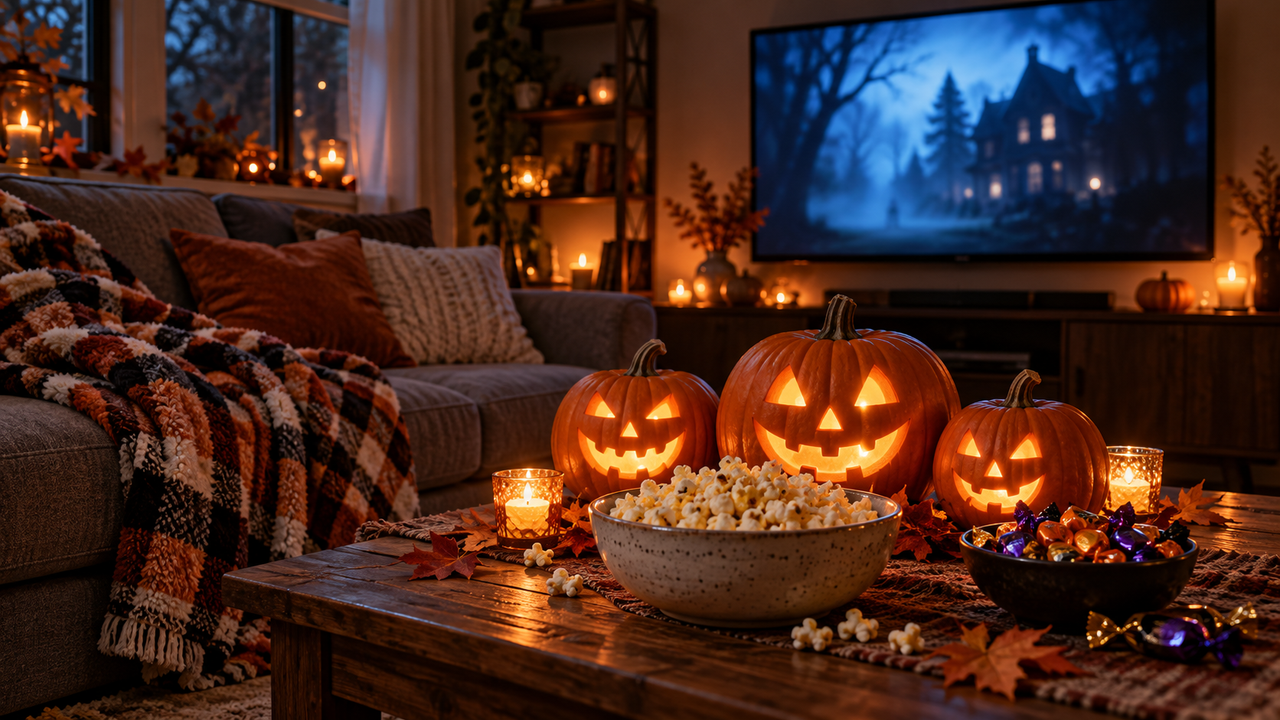 Cozy living room at night with carved jack-o'-lanterns, a bowl of popcorn and a blanket in front of a softly glowing TV