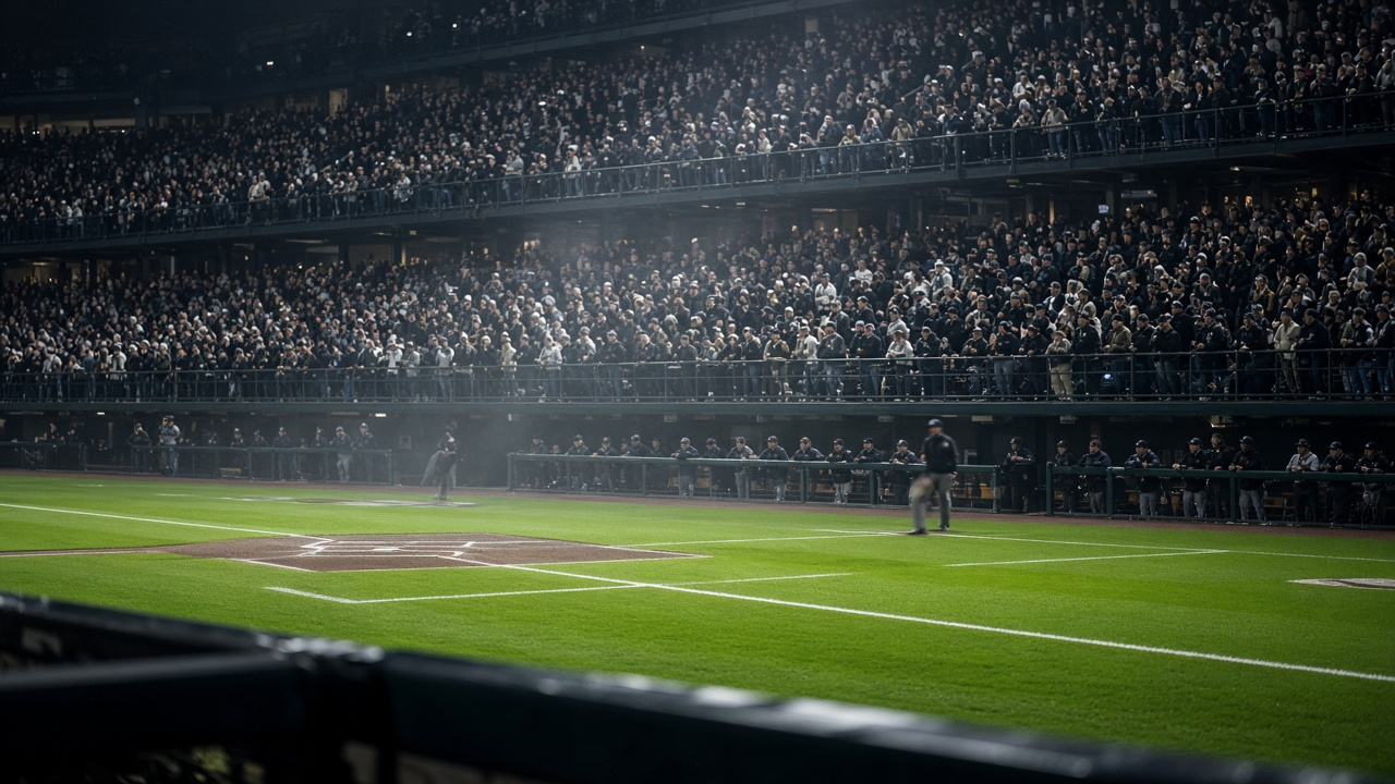 Night view of a ballpark's grandstand lit up for a playoff game, with fans standing along the railings and a bright green infield below