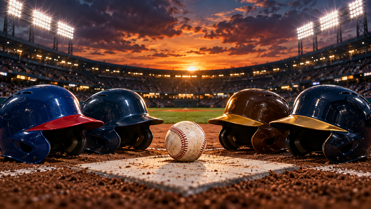 Baseball on home plate surrounded by four batting helmets in a postseason stadium