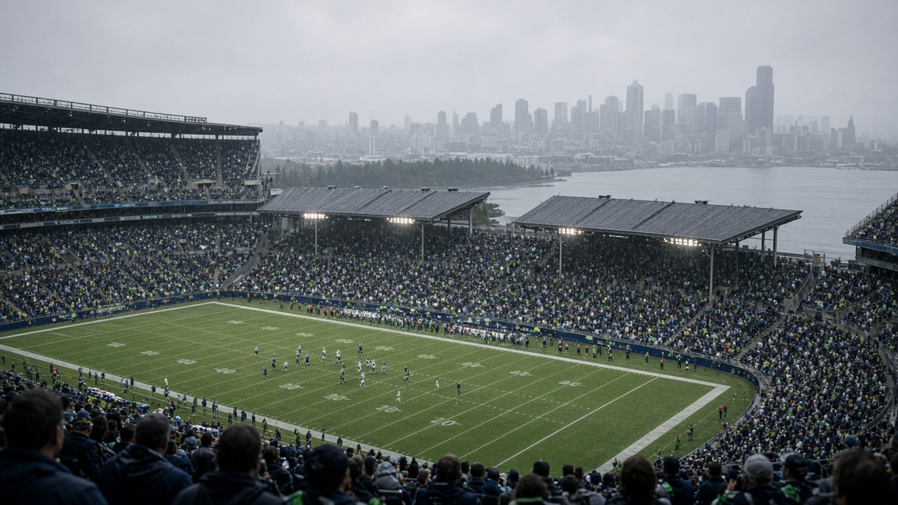 Rain-slicked outdoor football stadium on the waterfront under gray afternoon skies, with a full crowd and the field glowing under the lights