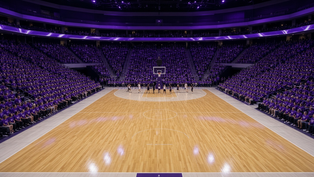 Sold-out basketball arena glowing in violet light during a playoff game, fans in matching shirts standing behind the baseline