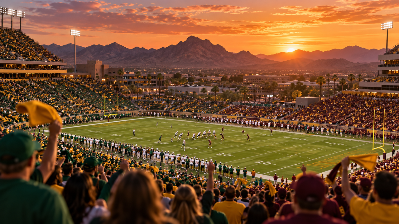 Desert college football stadium under bright lights at night with mountains silhouetted behind it