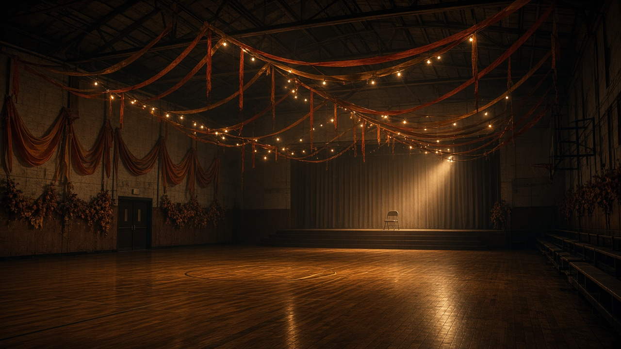 Empty small-town high school gymnasium decorated for a prom night, with streamers and string lights glowing in the dark
