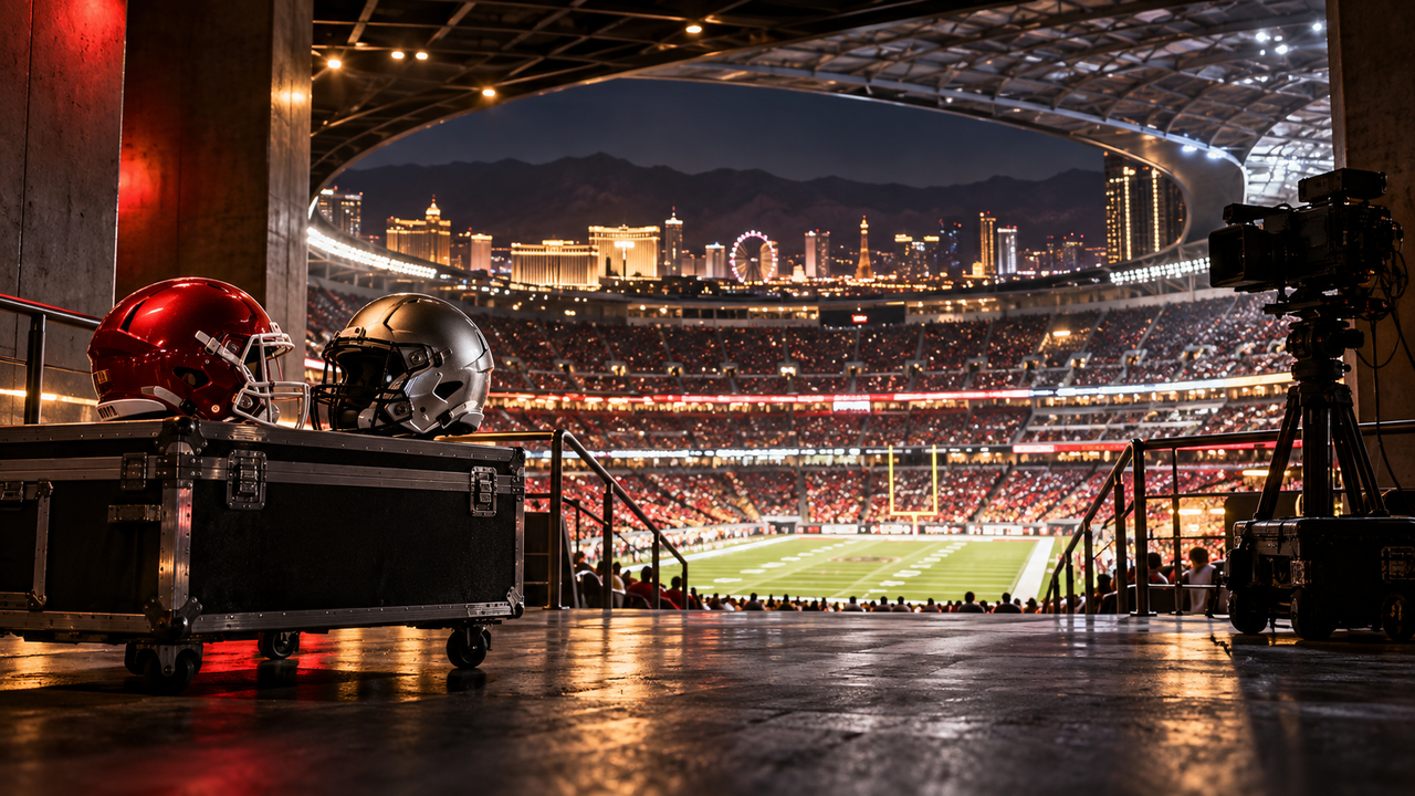 Night football stadium in Las Vegas with unbranded helmets and a broadcast camera