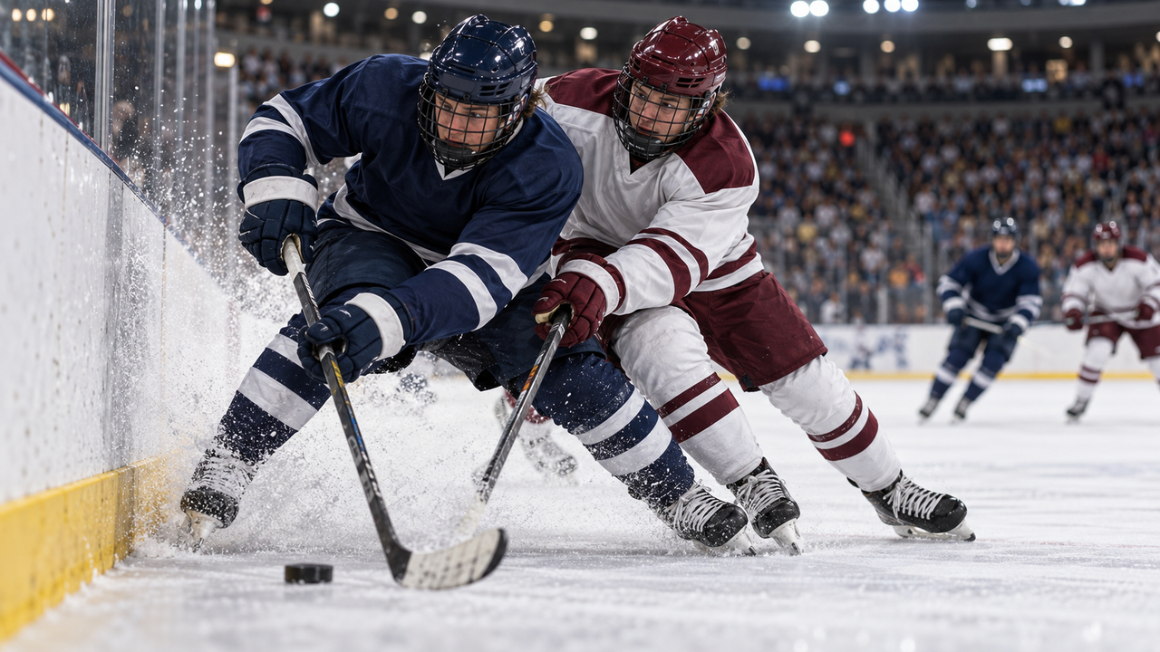 College hockey players battling for the puck in a packed arena under bright lights, no logos or readable text