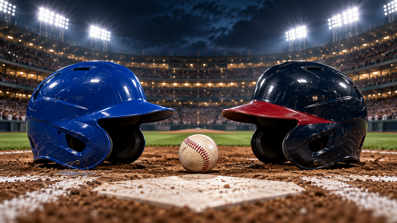 Blue and navy and red batting helmets facing across home plate in a night baseball stadium