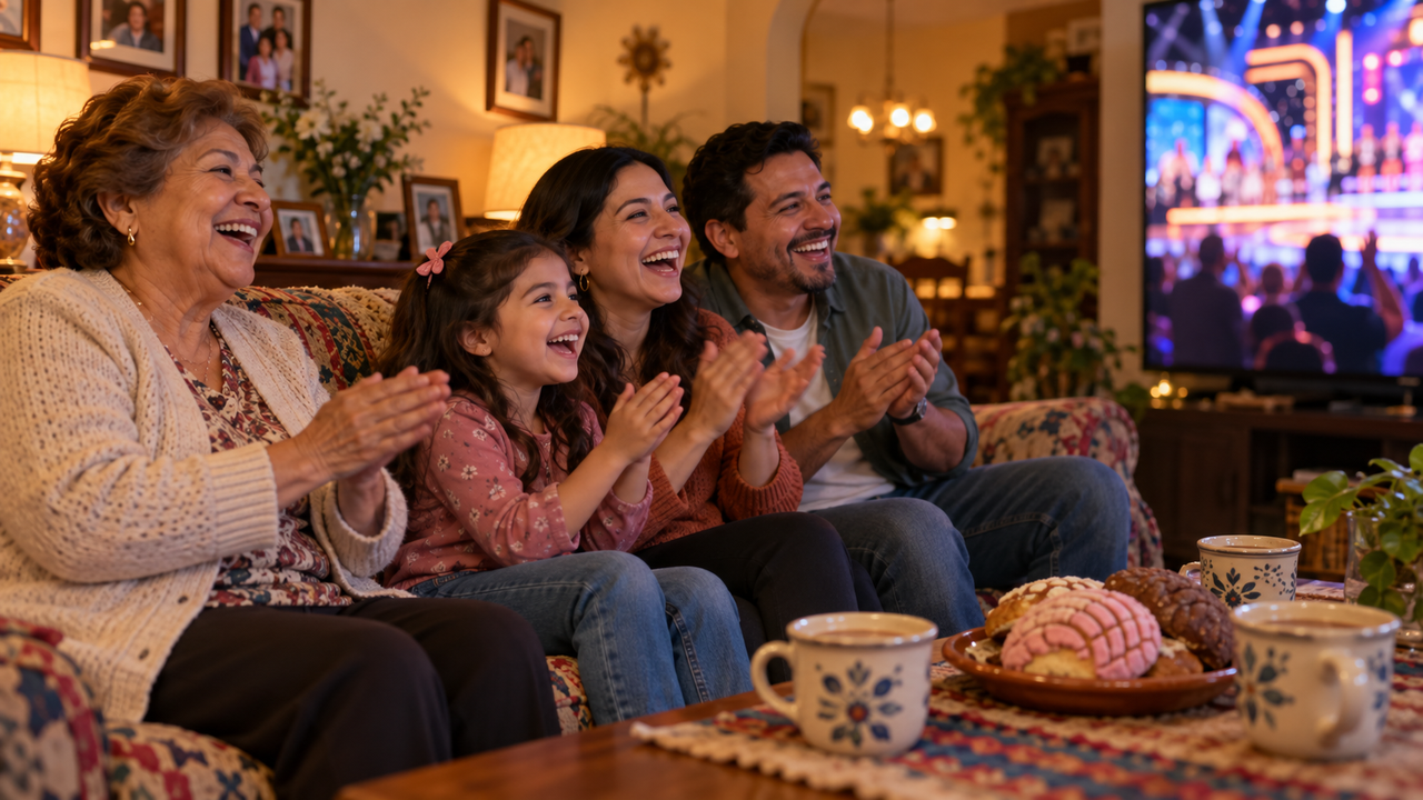 Multigenerational Latino family gathered on a living room sofa on a Sunday evening, smiling at a TV glowing with a bright studio stage