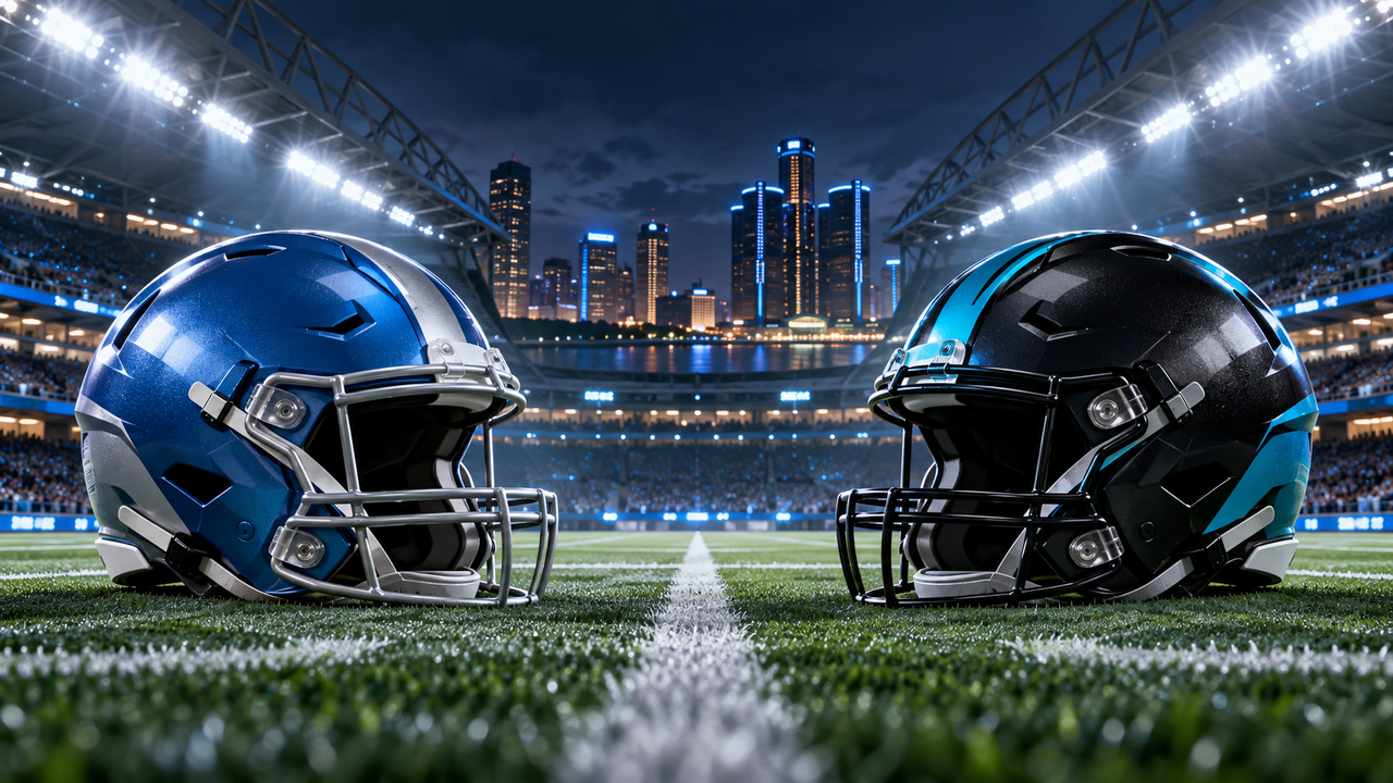 Blue and silver and black and teal football helmets facing at midfield in a night stadium
