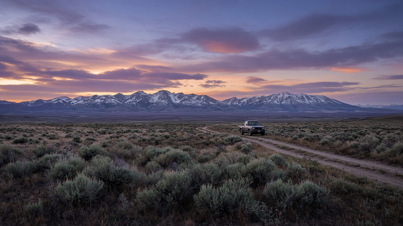 Empty Montana valley at dusk with a lone pickup on a dirt road and distant mountains under a violet sky