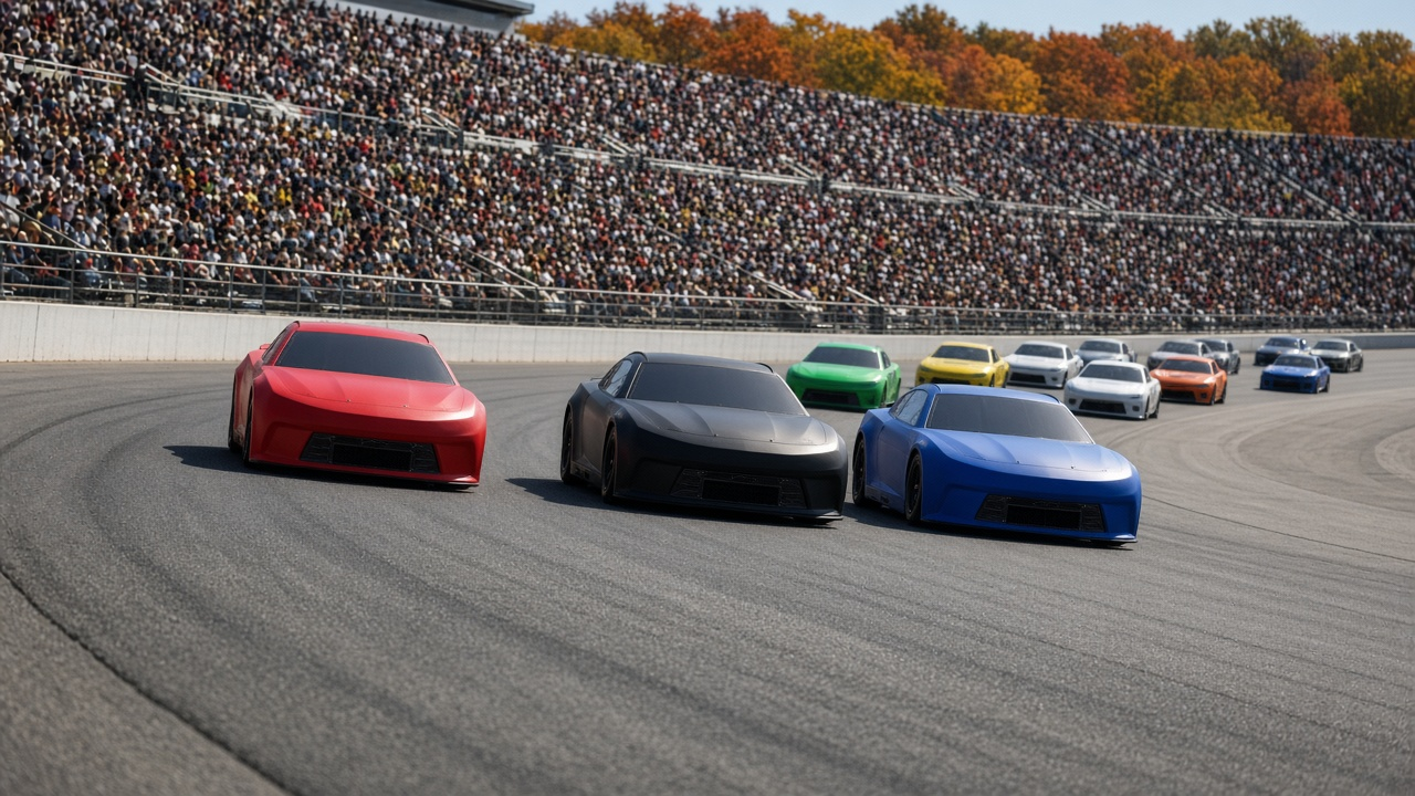 Stock cars racing three-wide through the banked turn of a 1.5-mile oval speedway on a sunny autumn afternoon