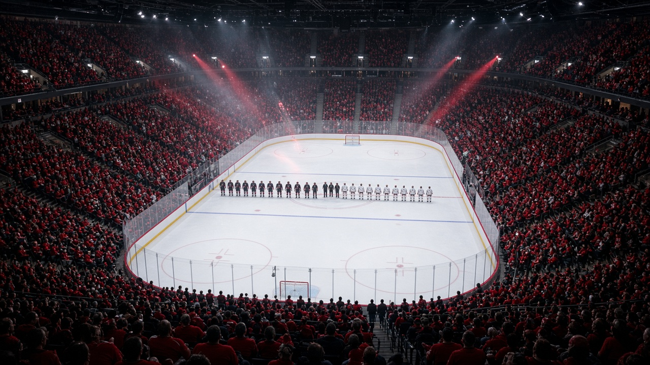 Packed downtown hockey arena on opening night with a red-lit crowd, fresh white ice and players lined up on the blue lines