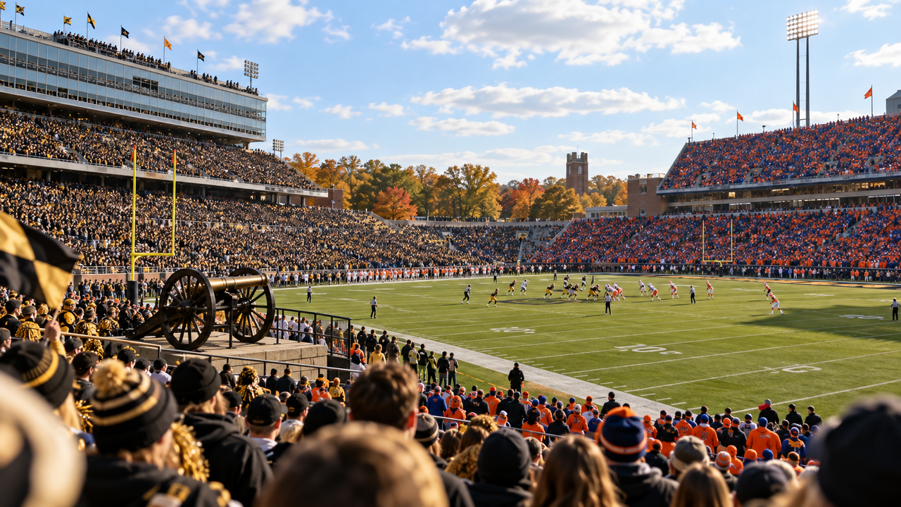 Midwestern college football stadium in late-afternoon autumn light with an orange-clad homecoming crowd