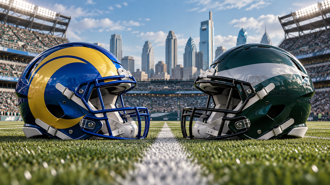 Blue and gold and green and silver football helmets facing in a Philadelphia stadium