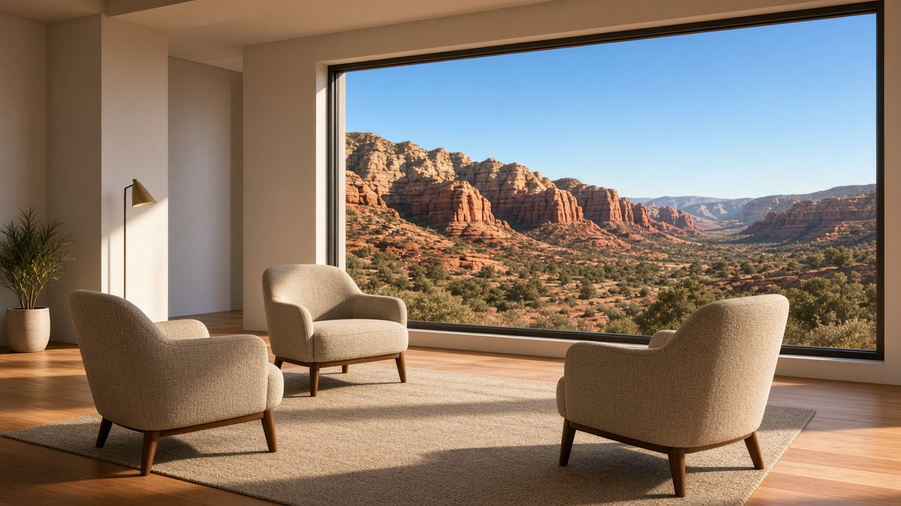 Sunlit desert modern living room with three empty chairs near a large window overlooking red rock hills