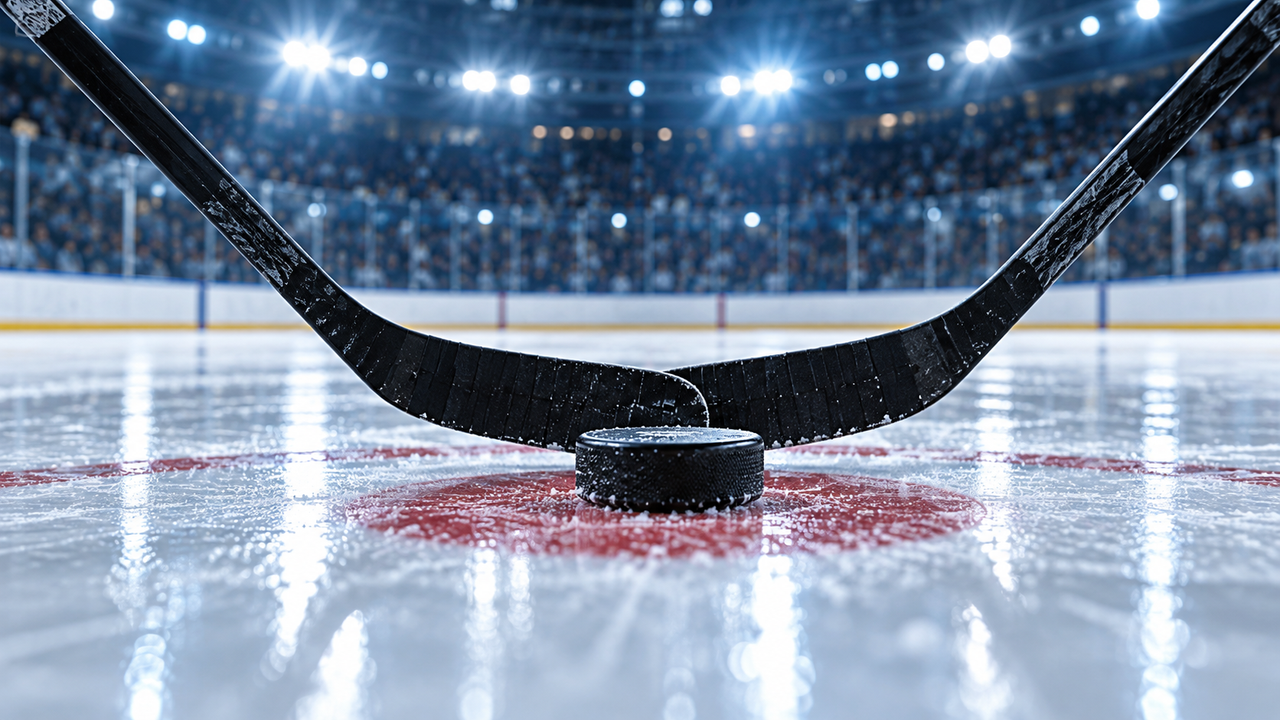 Ice-level view of a hockey puck and two sticks at a faceoff circle under bright arena lights with a blurred crowd behind