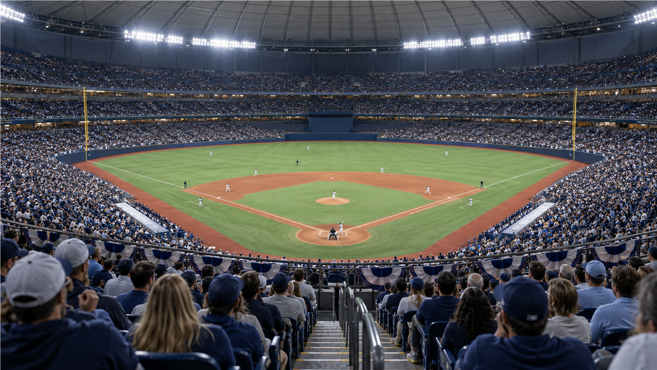Indoor baseball stadium under a dome roof during a night playoff game, seen from the upper deck behind home plate