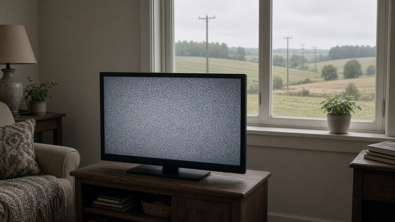 Living-room TV with soft static glow near a window overlooking Midwestern fields after a storm