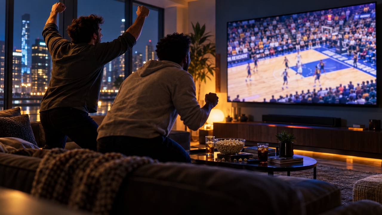 Two friends on a couch reacting to a pro basketball game on a large living-room TV at night