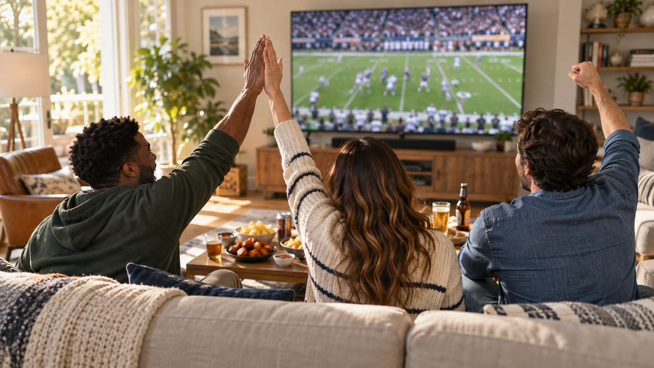 Friends cheering at a football game on a big-screen TV in a living room on a Sunday afternoon