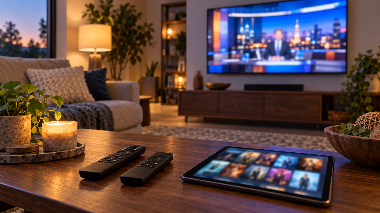 Living room at dusk with a TV showing a blurred news broadcast and two streaming remotes resting side by side on a coffee table