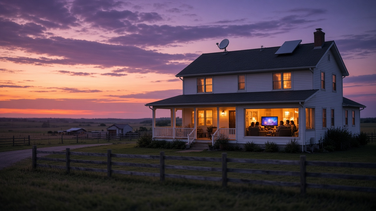 Rural farmhouse at dusk with a satellite TV dish and a flat satellite internet dish on the roof while a family watches TV in the lit living room