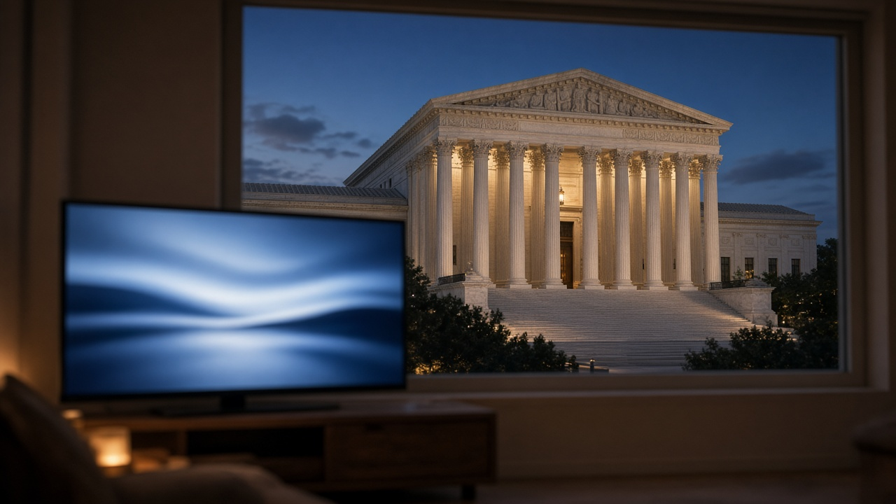 Living-room TV in front of a window overlooking a columned courthouse at dusk