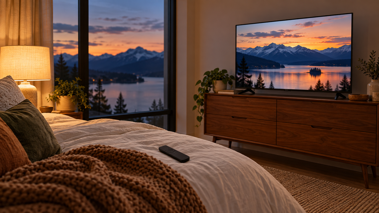Cozy bedroom at dusk with a compact flat-screen TV on a wooden dresser showing a blurred mountain landscape