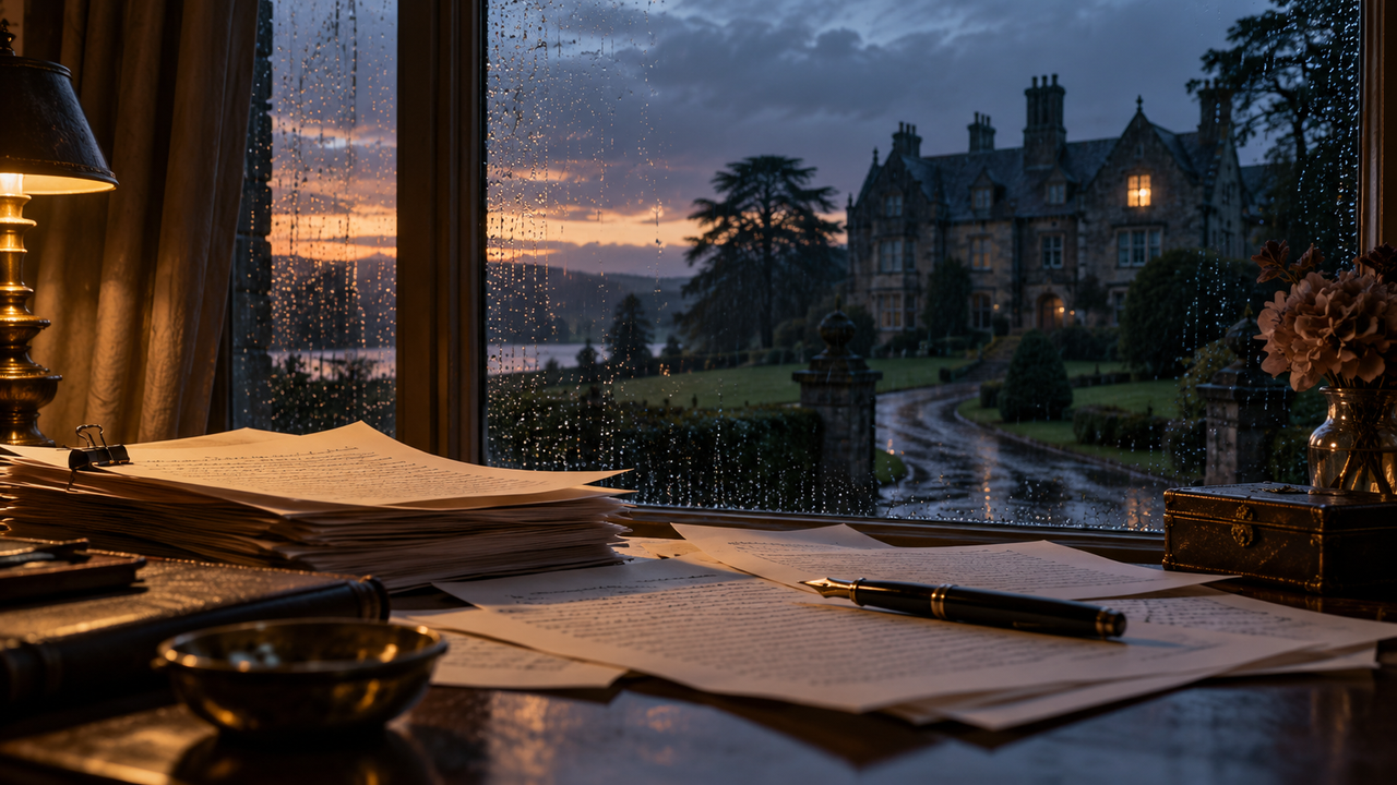 Remote country house at dusk with one lit upstairs window and a stack of manuscript pages on a desk