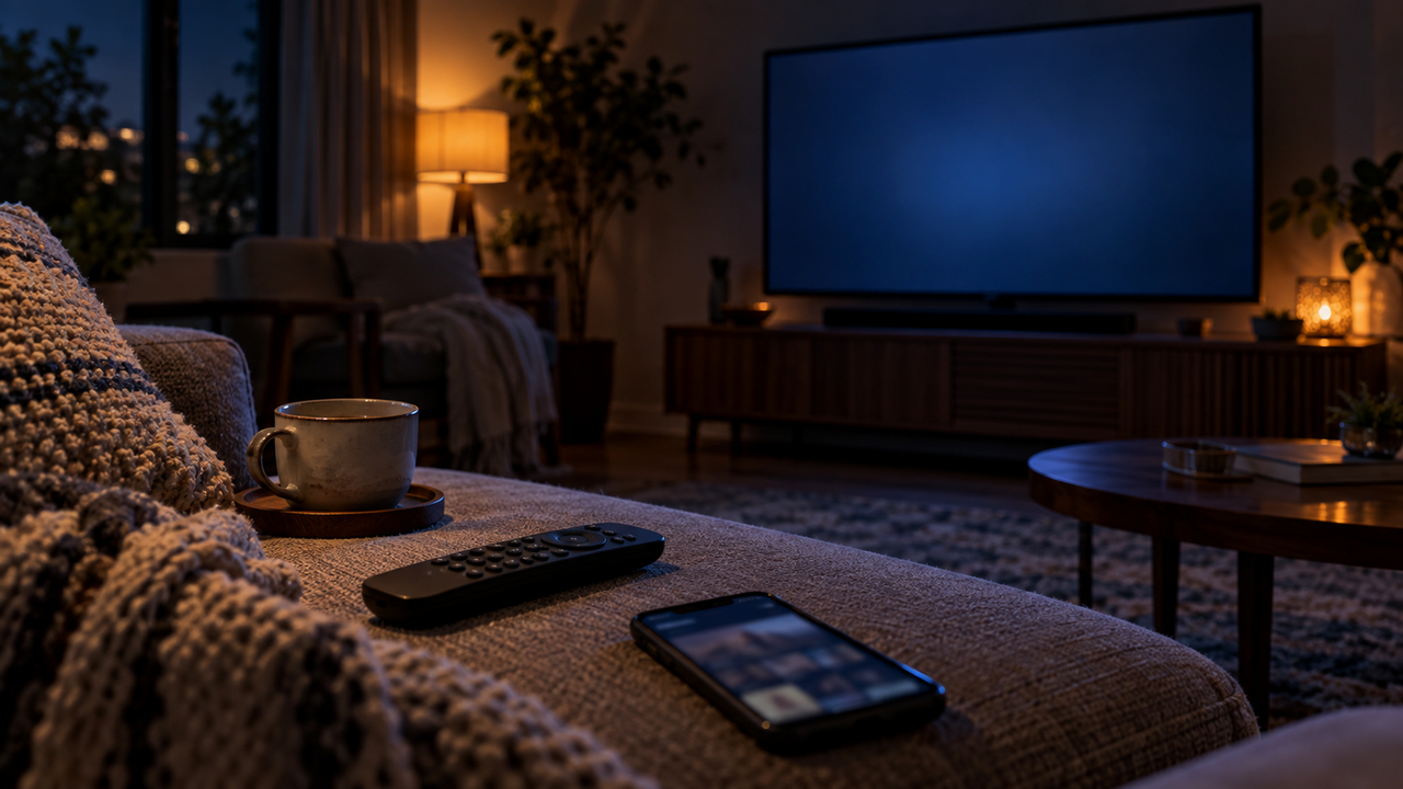 Living room at night with a TV showing a blank blurred screen and a remote and phone on the sofa cushion