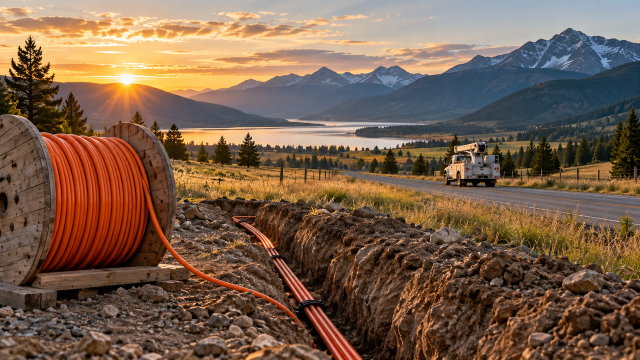 Fiber optic cable spool beside a rural road in a Montana valley with forested mountains at sunrise, no logos or text