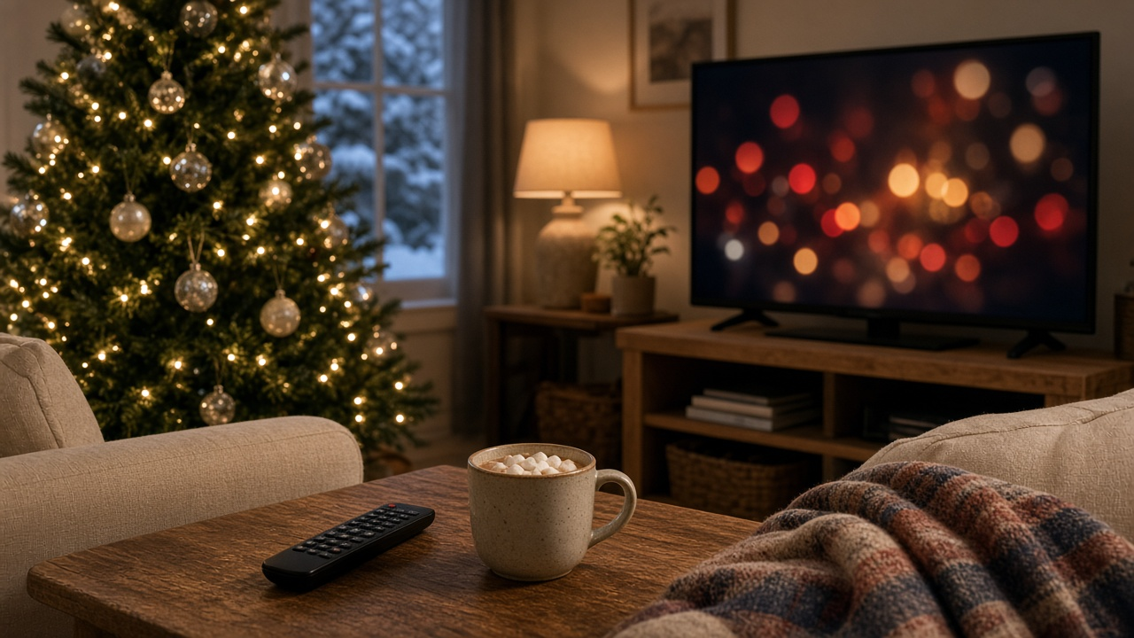 Cozy living room decorated for the holidays with a lit Christmas tree beside a TV glowing on a wood console, no logos or text