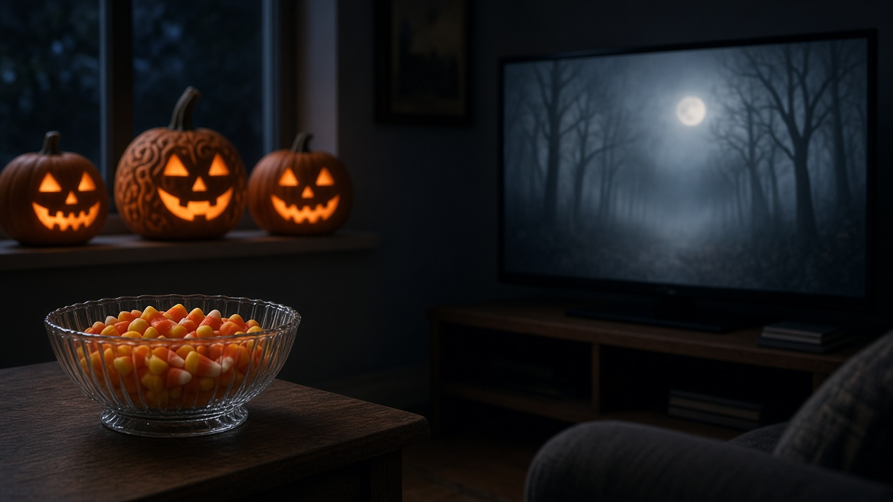 Dim living room in October with carved jack-o'-lanterns glowing on a windowsill, a bowl of candy corn on a wooden side table and a TV showing a blurred foggy forest at night