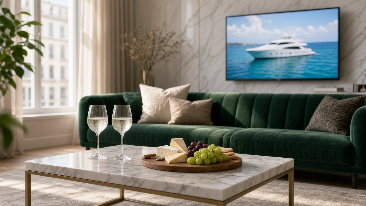 Chic apartment living room with a green velvet sofa, two stemmed glasses of sparkling water and a cheese board on a marble table, and a TV showing a blurred white yacht on a sunny sea
