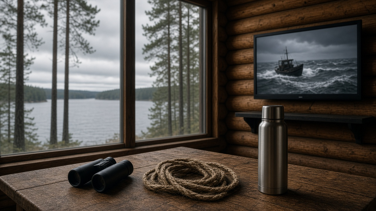 Lakeside cabin room with big windows onto pine trees, binoculars, a coiled rope and a plain steel thermos on a pine table, and a TV showing a blurred fishing boat on stormy gray waves