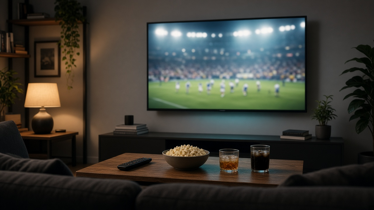 Living room at night with a wall-mounted TV showing a blurred stadium under bright lights, a remote control and snacks on a coffee table