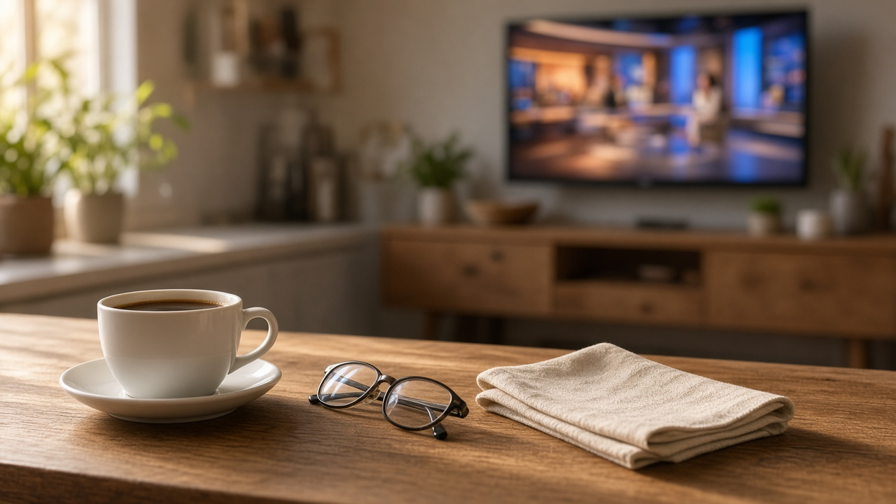 Kitchen table in the early morning with a cup of coffee and reading glasses in front of a TV showing a blurred, brightly lit news studio set