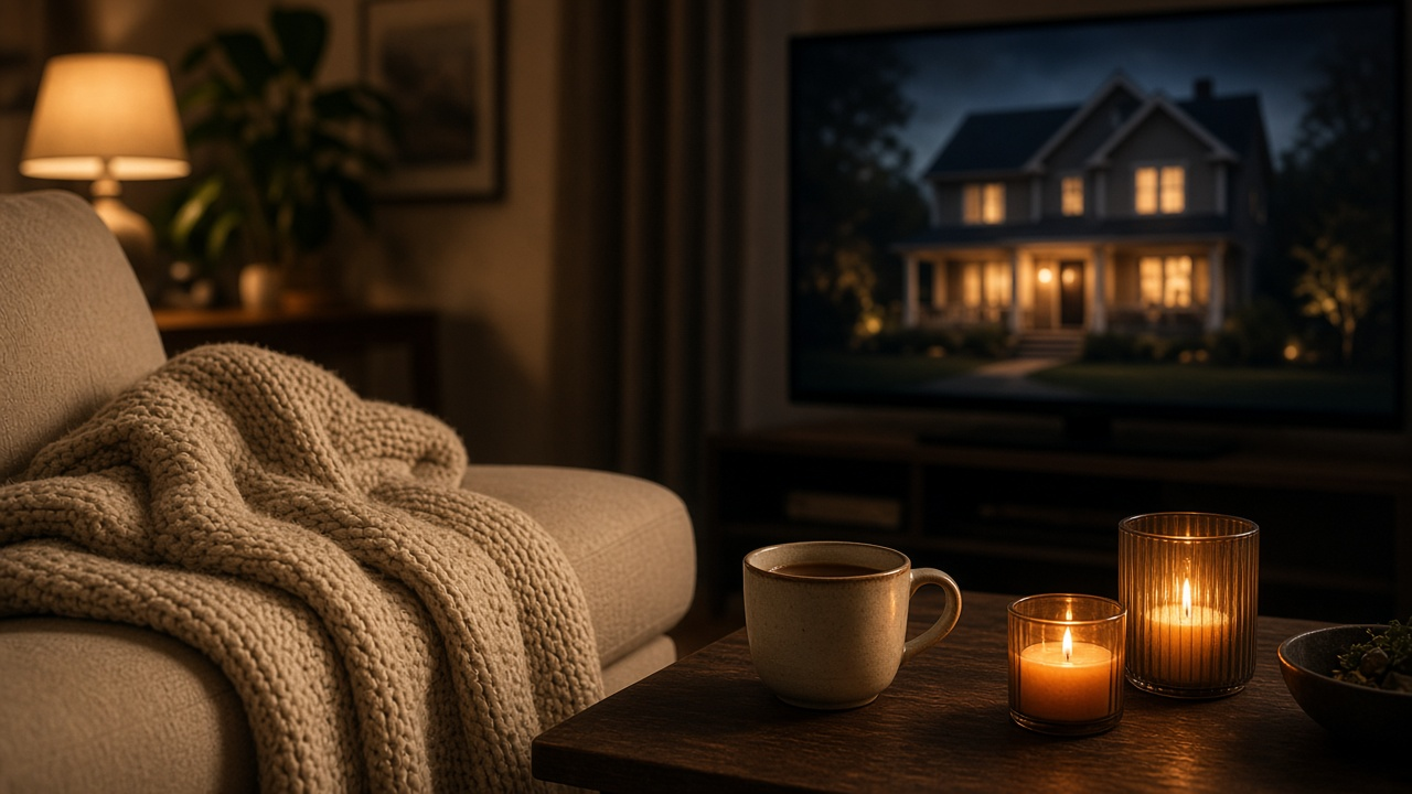Cozy living room in the evening with a knit blanket and a mug of tea on the sofa, candles on the coffee table and a TV showing a blurred house lit up at night