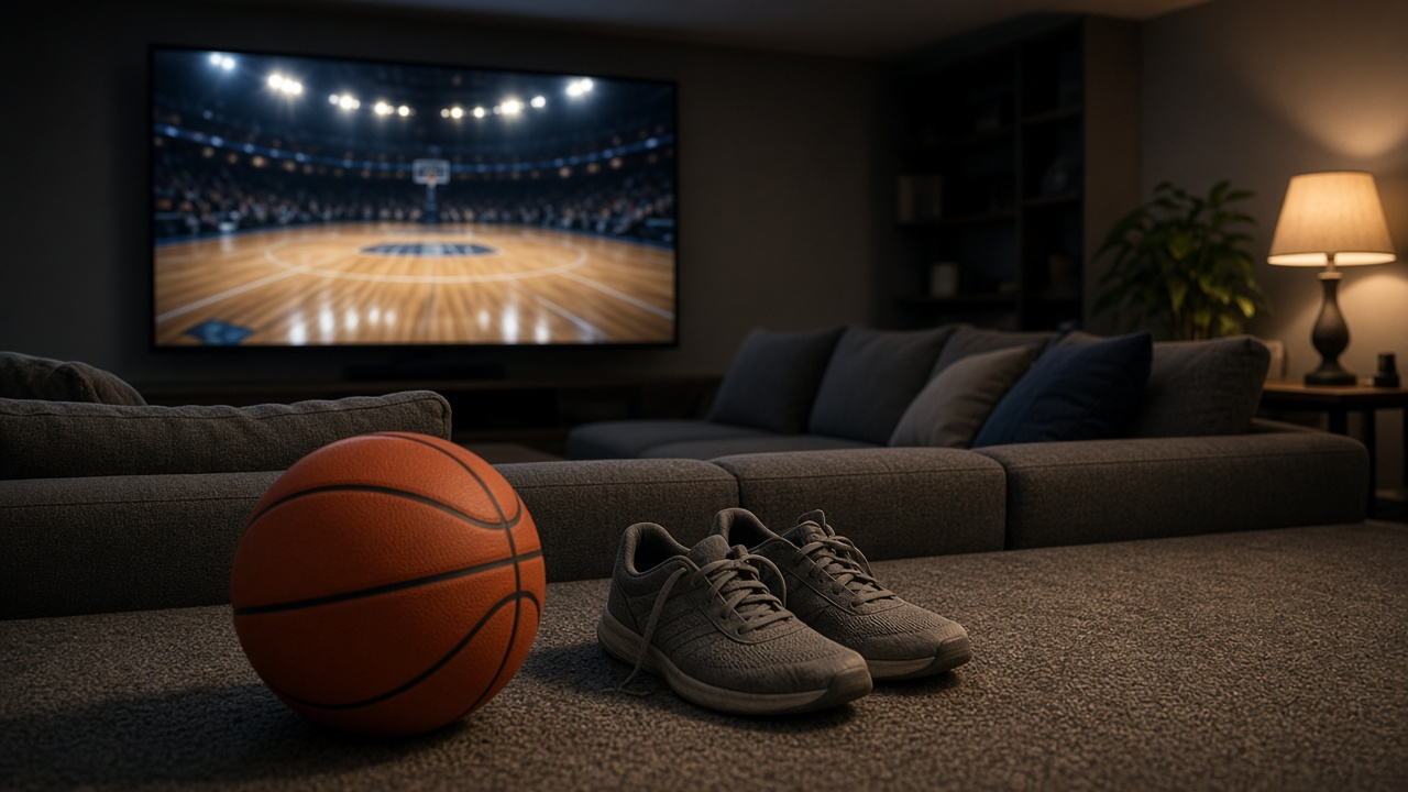 Basement rec room with a TV showing a blurred indoor basketball arena with a shining hardwood court, a basketball and sneakers on the carpet in front of a sectional