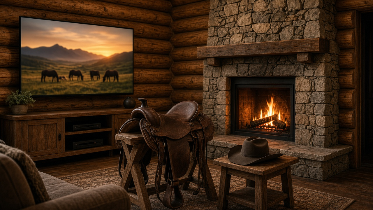 Rustic ranch-house living room with log walls, a stone fireplace, a plain leather saddle on a wooden stand and a plain felt hat on a small wooden stool by the fireplace, and a TV showing a blurred mountain valley with horses at sunset
