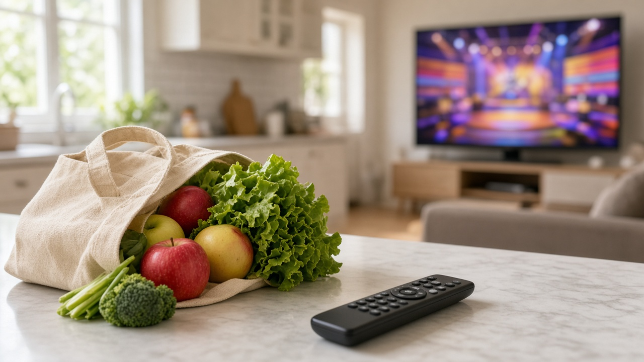 Kitchen island with a grocery tote, fresh produce and a remote control, TV in the background showing a blurred colorful game-show set