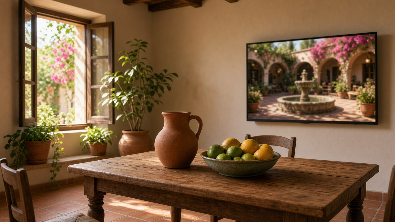 Sunlit dining room with terracotta floor tiles, a clay pitcher, a bowl of limes and mangoes on a wooden table and potted plants, with a TV showing a blurred hacienda courtyard with a fountain and pink bougainvillea