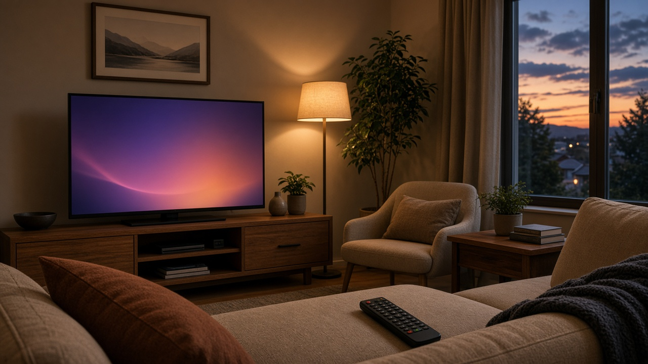 Family living room at dusk with a glowing widescreen TV on a media console, remote on the cushion, soft lamp light, photoreal, no logos or text on screen